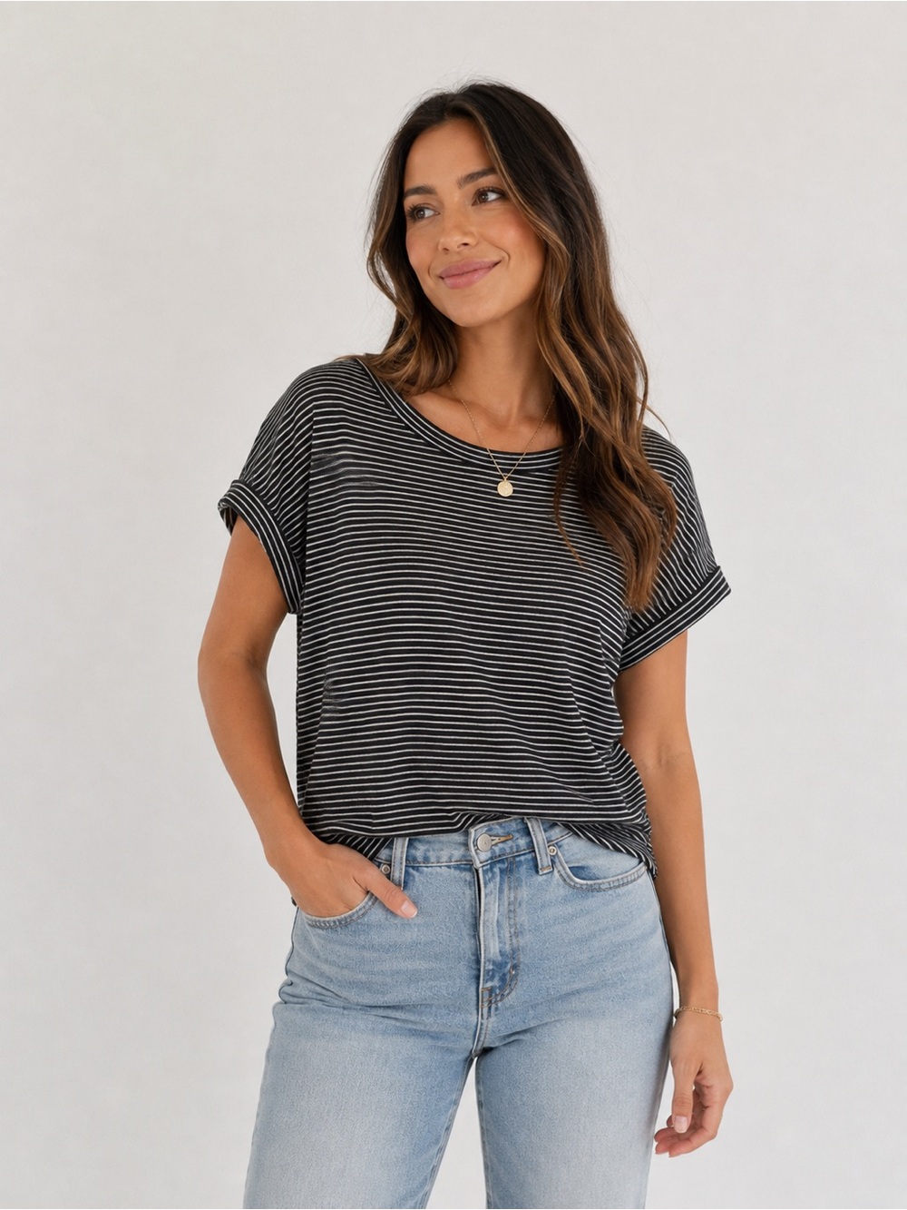 Brandy Melville Black and White Striped Scoop Tee